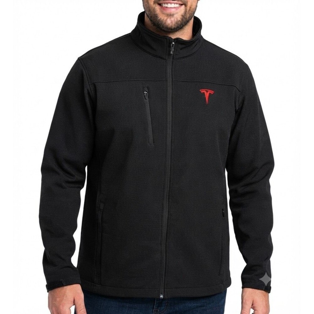 Tesla Jacket Adult Large Black Corporate Softshell Red Logo Full Zip Mens